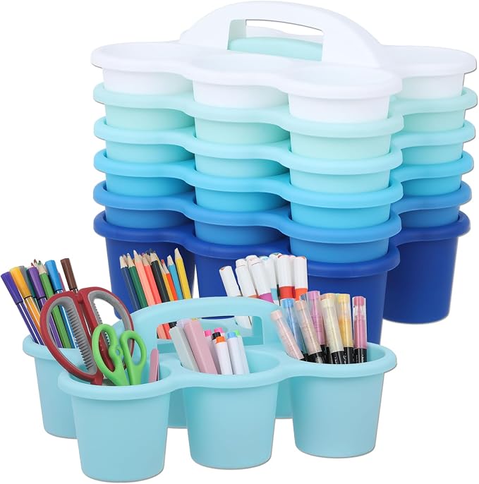 6 Pack Classroom Caddy Organizer with Handle Gradient Blue Plastic Table Caddy Drink Cup Caddies Holder 12x9x3.5 Inches Storage School Supplies 6 Compartments for Table Crayon Pencil Cup Marker Craft by gisgfim
