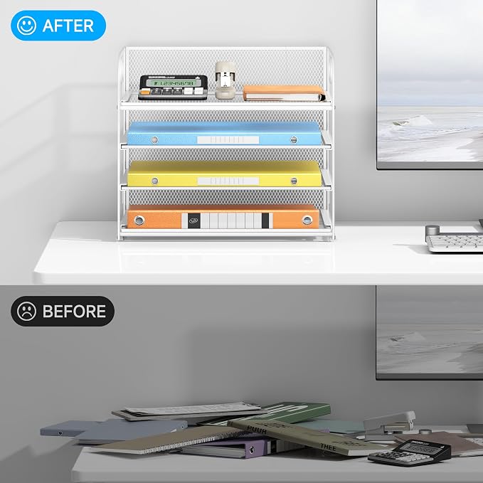 Lavatino Paper Organizer for Desk, 4-Tier Desk Organizer Tray, Mesh Desktop File Organizers with Handle, Office Classroom Organization and Storage-White - Image 4