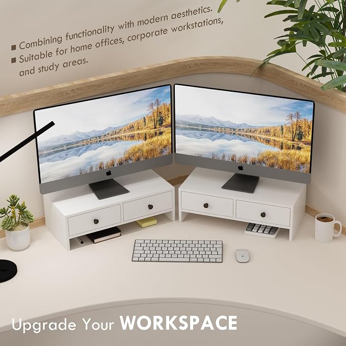 WELLAND Monitor Stand Riser with Drawers, Computer Monitor Stand, Desktop Organizer Stand for Laptop, PC, Office Supplies, White - Image 3