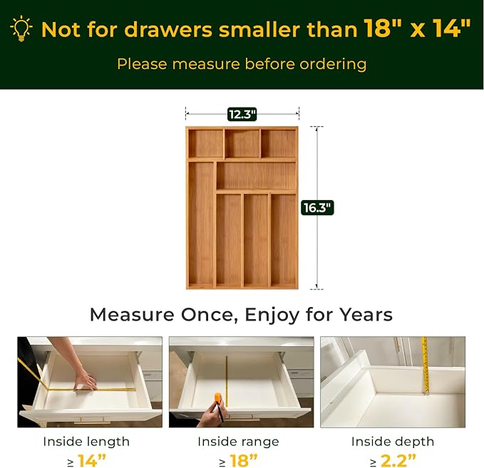 Carbonized Bamboo Kitchen Drawer Organizer, 8 Slots Silverware Organizer, Utensil Holder & Cutlery Tray, 2.2" Deep for Extra Capacity, Non-Slip Feet Included - Image 2