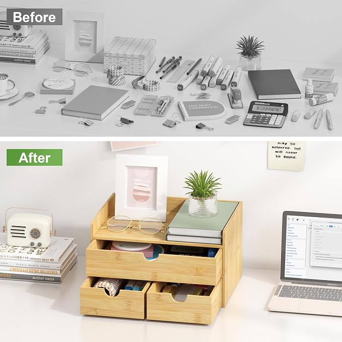 Bamboo Desk Organizer wtih Drawers Mini Desktop Drawer Tabletop Storage | 100% Bamboo Countertop Organizer Drawers,Makeup Storage,Kitchen Spice Organizers,3 Drawer Tabletop Storage,for Home Office - Image 4