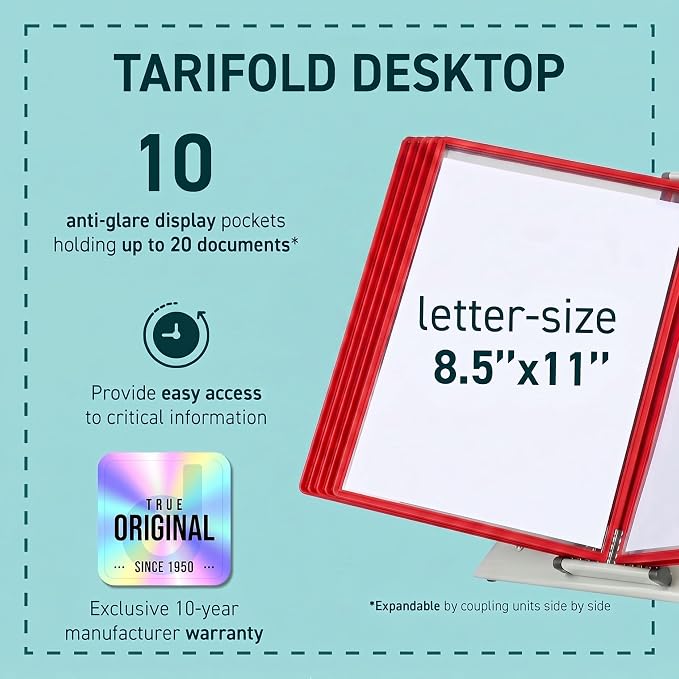 Tarifold Desktop Reference Display System, 10 Pockets, Expandable, Red | 10 Double-Sided PVC Pockets, Holds 20 Letter-Size Sheets, Sturdy Metal Base, Quick-Find Indexing, Quick and Easy to Assemble - Image 2