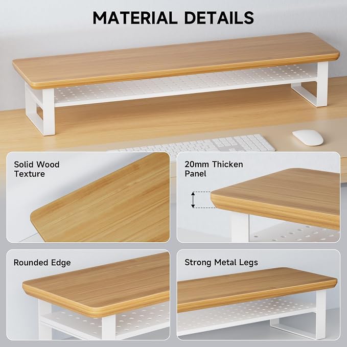 Dual Monitor Stand, 35.4 Inch Monitor Stand Riser for 2 Monitors, 2 Tiers Wood Desk Shelf with Storage, Desktop Organizer Stand for Computer, Laptop, Printer, TV - Image 5