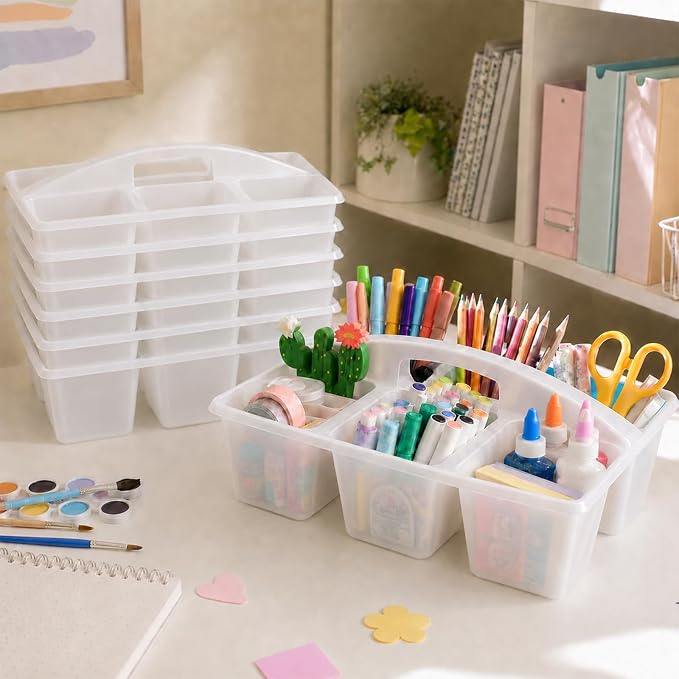 6 Pack Assorted Colors 6 Compartment Classroom Caddy with Handle Portable Plastic Storage Classroom Caddies Organizer for Classrooms Supply Teacher Office Table Desk(Clear) - Image 4