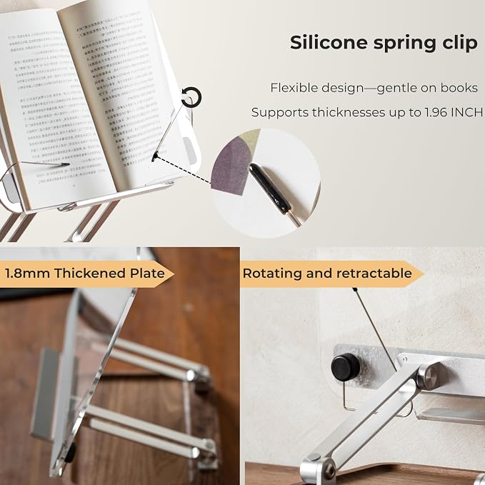muso wood Acrylic Book Stand with Walnut Storage & Elastic Clips | Adjustable Desktop Holder, Supports Cookbooks, Magazines, Tablets and Laptops - Image 4
