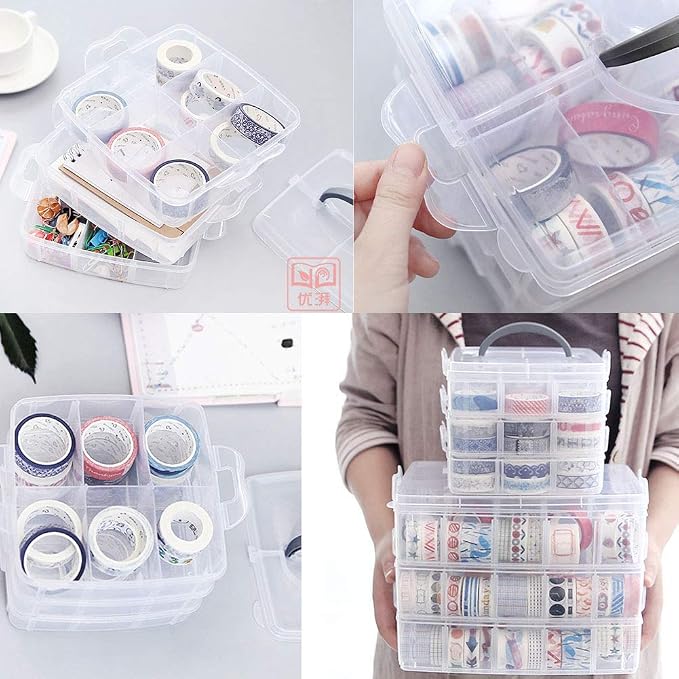 HomDSim Washi Tape Box Organizer Storage,Divider Closet Container,with 18 Adjustable Compartments,Clear,Masking Tape Desktop Tape DIY Sticker Roll Tape Cutter Holder Storage,Finger Safty Dispenser - Image 5