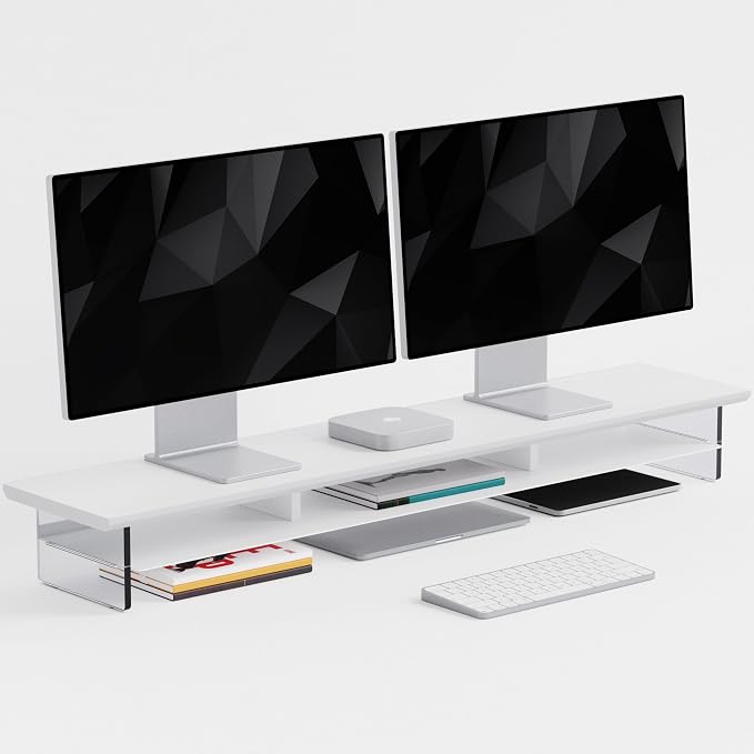 FENSULN Dual‑Tier Monitor Stand for Modern Desk Setup – Minimalist Wooden and Metal Riser Shelf with Transparent Acrylic Feet for Dual Monitors, Laptops, Home Office Aesthetic，White by FENSULN