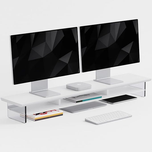 FENSULN Dual‑Tier Monitor Stand for Modern Desk Setup – Minimalist Wooden and Metal Riser Shelf with Transparent Acrylic Feet for Dual Monitors, Laptops, Home Office Aesthetic，White by FENSULN