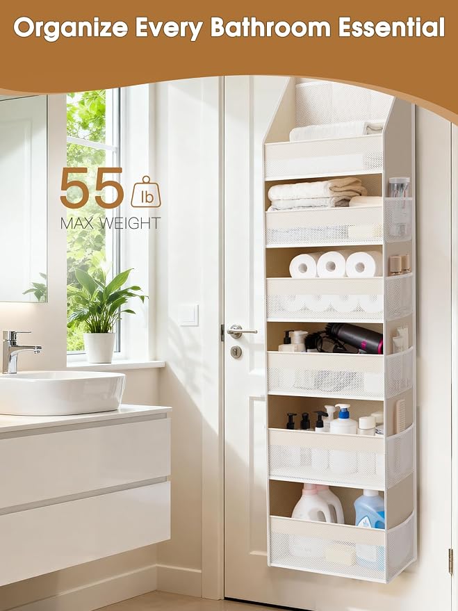Over the Door Organizer, 6-Shelf Closet Hanging Storage with 13 Mesh Pockets, 55lbs Capacity Behind the Door Storage for Baby Nursery, Bathroom, Bedroom, and Dorm, Beige - Image 6