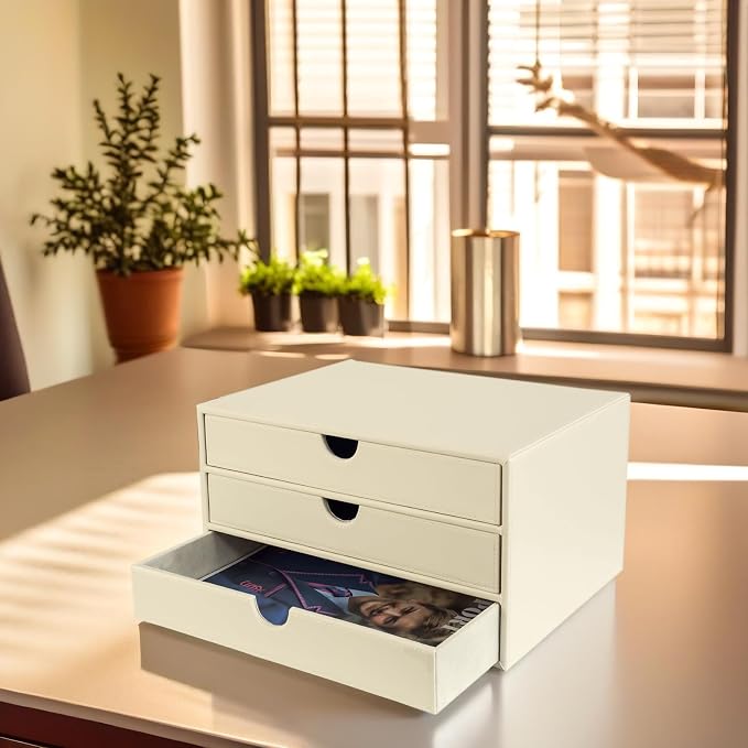 UnionBasic Document Organizer, 3-Drawer File Cabinet Document Storage Box, Office Desktop Filing Organizer, Seashell | Document Storage Box, Office Desktop Filing Organizer - Image 2