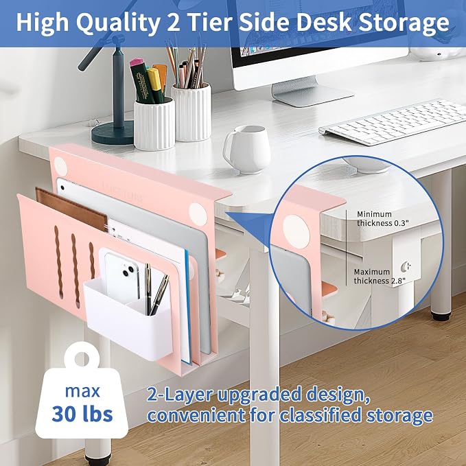 LUKETURE Desk Side Storage, 2 Tie Laptop Holder No Drill Clamp On Organizer | Sturdy Steel Double Tier Strong, Magnetic Pen Holder, No Drill Clamp for Standing Desk Organizer, Fits 0.3-2.8" - Image 2