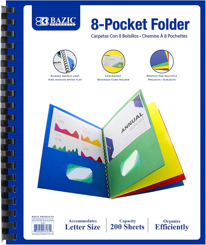 BAZIC Products Assorted Color Paper 8-Pocket Folder Organizer, 12-Case | business card slot, Sorts letter-size 8.5 x 11 in papers by BAZICProducts