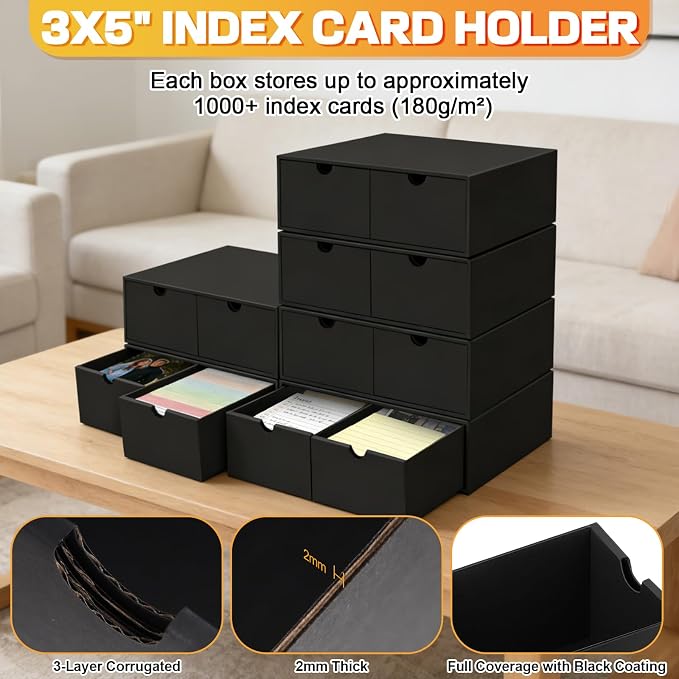 6 Packs Index Cards Box,3x5 Index Card Holder with Lid,2-Compartment Black Index Card Storage Organizer for 3'x5' Note Cards, Recipe Cards, Flashcards Office Organization - Image 3