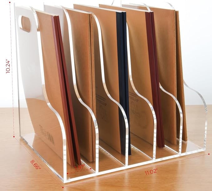 5 Vertical Compartments File Holder, Clear Acrylic Desk Organizer and Storage Bins Holding for Magazines, Binders, Notebooks, Envelopes, Multi-purpose Document Organizer for Home Office - Image 3