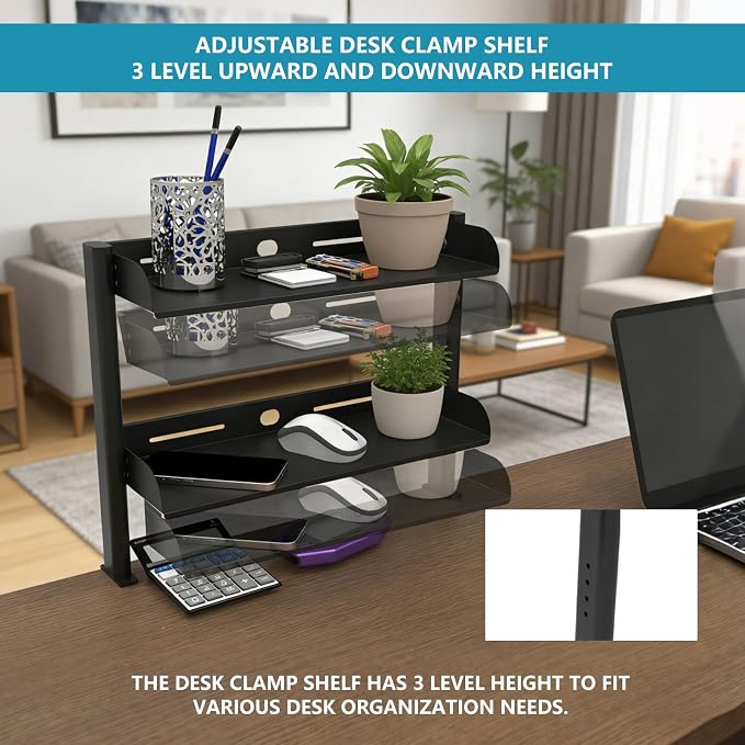 Clamp on Desk Shelf,3 Tier Desktop Organizer,Adjustable Clamp on Desk Top Organizer with Under Desk Hidden Storage Basket&Hooks,No Drilling Desk Clamp Storage Shelves for Working Gaming Accessories - Image 4