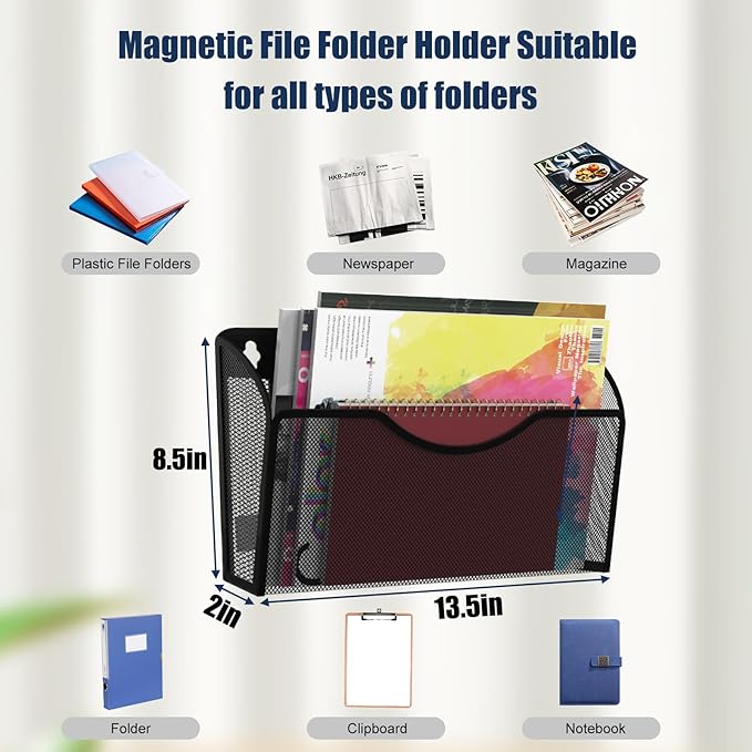 Magnetic File Holder 4 Pockets File Folder Organizer, Office Hanging Magazine Rack for File Cabinets, Magnetic Paper Holder, No Drilling Mail Organizer for Refrigerator, Office - Image 4