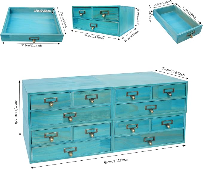 4 Pcs Vintage Desktop Organizer Set, Wooden 12 Drawer Storage Cabinets with Metal Handles & Label Slots, Stackable Apothecary Chest for Office, Herb, Tea, Jewelry and Stationery Organization (Blue) - Image 3