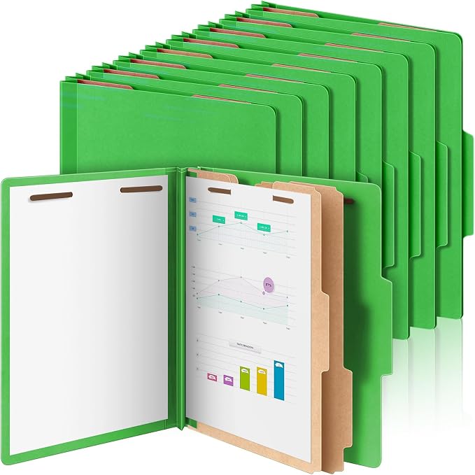 Skyygemm 12 Pcs Classification Folders Letter Size Bulk - 2 Dividers Pressboard File Folder with 3. 5 Inch Expansion, 2 Prongs Fastener, Heavy Duty Office File Organizer for Teacher Medical (Green) by Skyygemm