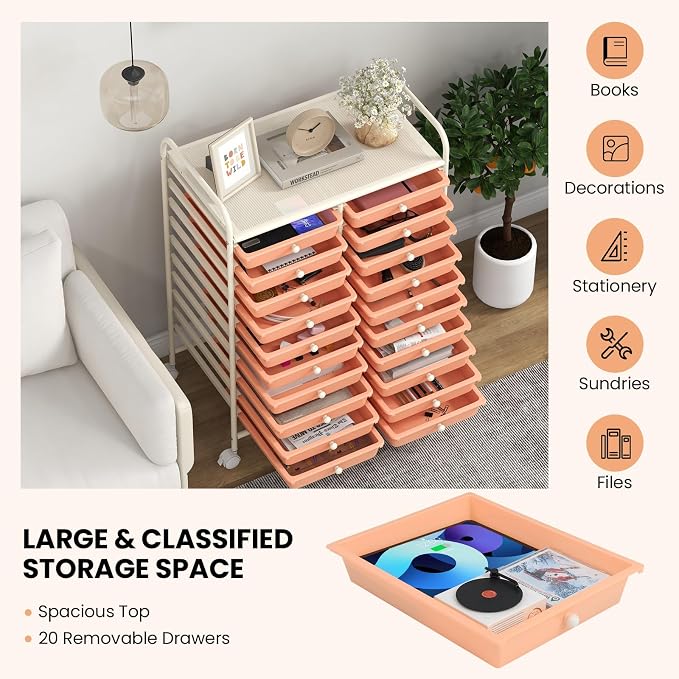 Giantex 20 Drawers Rolling Cart, Mobile Storage Drawer Cart, Classroom Organizer for Office School Supplies Tools Scrapbook Paper Craft Small Printer, Utility Stand on Wheels, Peach - Image 5