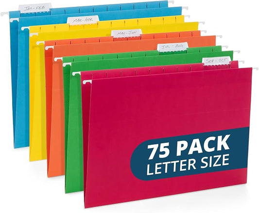 Blue Summit Supplies 75 Hanging File Folders, Letter Size, Assorted Colors | Durable 11pt paper, 1/5 cut tabs, 11.75 x 9.25 in, medical charts, office and home filing by BlueSummitSupplies