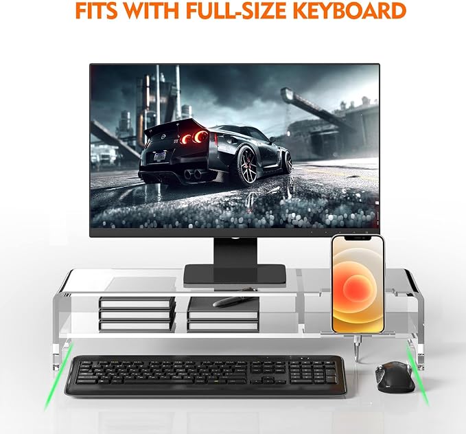 BEYGORM Acrylic Monitor Stand for Full Keyboard, 20" Wide 2-Tier | Clear Riser with Storage Shelf and Phone Holder, Desktop Organizer for Laptop, Printer & Screen - Image 5