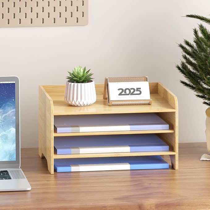 Bamboo File Organizer for Desk, Paper Tray with Pen Holder | Open tiers and a pen holder sort Letter/A4 paper, folders and office supplies while keeping your workspace clutter-free - Image 2