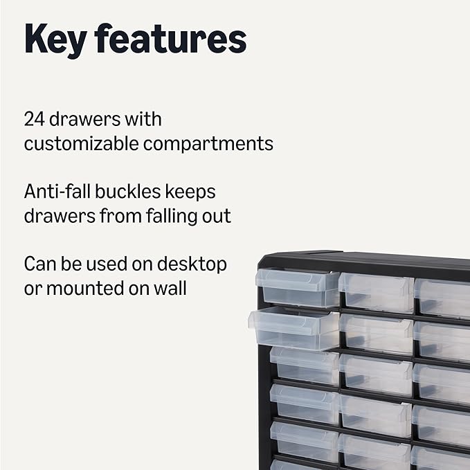 Amazon Basics 24-Drawer Plastic Storage Organizer with Dividers for Office/Craft/Tools, Wall Mountable, Sturdy, 6.3 x 21.3 x 15.8 inch, Black - Image 3