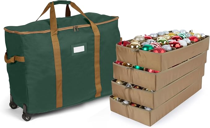 Covermates Keepsakes Rolling Adjustable Ornament Storage Bag – Heavy-Duty Polyester, FlexGrid Trays & Padded Dividers – Protective Holiday Organizer with Wheels, Handles & ID Window, Green by Covermates