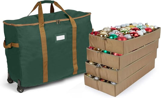 Covermates Keepsakes Rolling Adjustable Ornament Storage Bag – Heavy-Duty Polyester, FlexGrid Trays & Padded Dividers – Protective Holiday Organizer with Wheels, Handles & ID Window, Green by Covermates