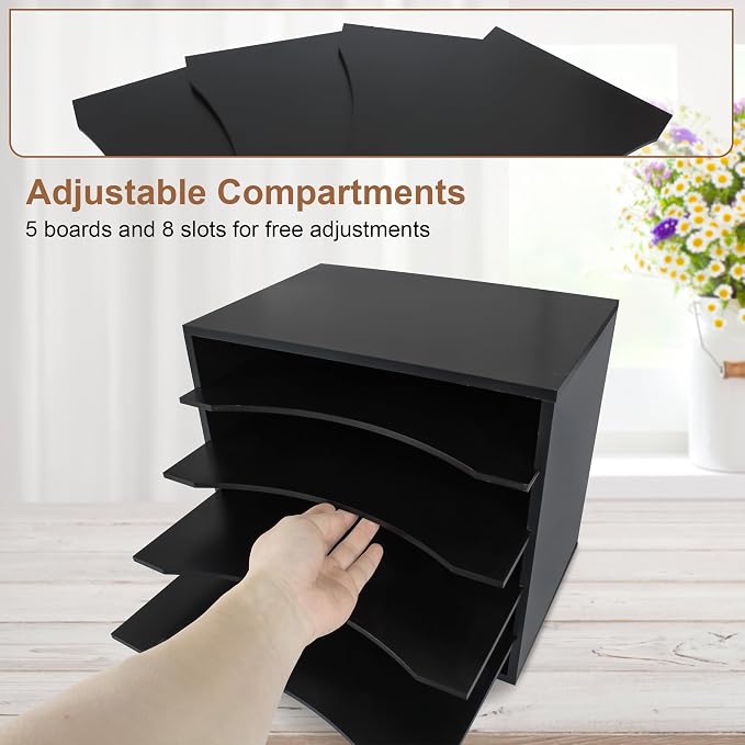 EMERIT 4-Tier Adjustable Paper Organizer, Large Capacity Book Shelf for Textbooks/Magazines/Office Files, Wooden Dividers, 7 lbs per Shelf, Black - Image 3