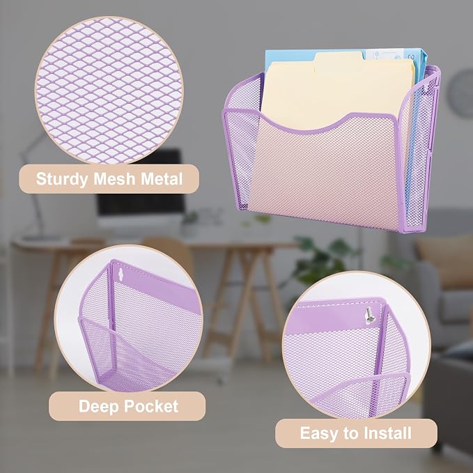 3 Single Pocket Mesh Hanging File Organizer, Vertical Wall Mounted Magazine File Holder, Mount Basket Mail Paper Document Folder Organizing for Office, Home and School, Light Purple - Image 3