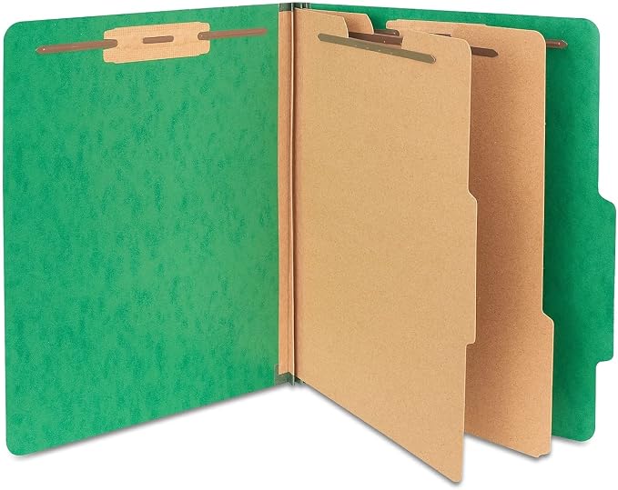 Staples Moisture‑Resistant Classification Folder, Letter Size, 2 Partitions, Green Pressboard, Durable Construction, 10/Pack by Staples