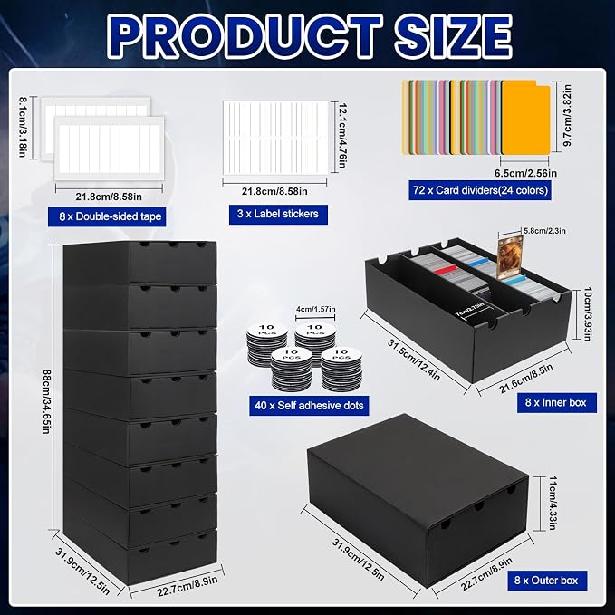 AOBOPLE Trading Card Storage Box,24000+ Cardboard Sports Card Boxes | Bulk Card Boxes with 72 Card Dividers,Labels +Tape,Stackable,Card Organizer for MTG TCG PTCG Sport Cards - Image 3