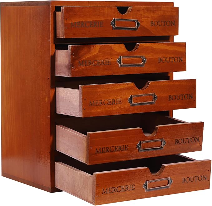 Wooden Desktop Organizer, 5PCS Retro Storage Cabinet Box with Drawers, Mini Tabletop Craft Box Cosmetic Storage Drawer, Portable Desk Letter Mail Sorter for Office Home (Brown) - Image 8