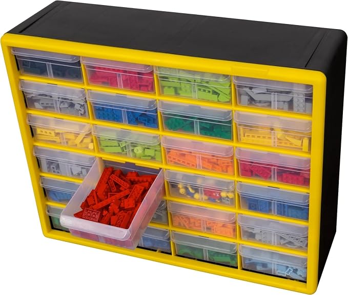 Akro-Mils 24-Drawer Plastic Storage Cabinet, 20"W x 6"D x 16"H, Yellow | Plastic Cabinet w/ Drawers for Garage Organization, Beads, Building Bricks Storage, Teacher Toolbox, Makeup Organizer, 10124 - Image 8