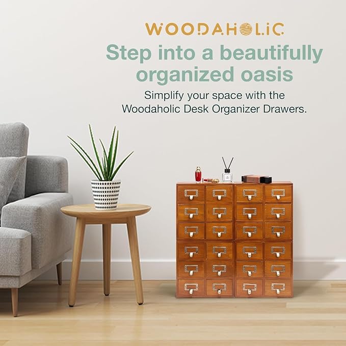 Stackable Modular 4-Pack 24 Drawer Wood Card Catalog Drawers for Desktop - Stackable Mini Storage Drawers for Office or Study Table - Arrange Your Own Drawer Storage Cabinet for Table, Fully Assembled - Image 9
