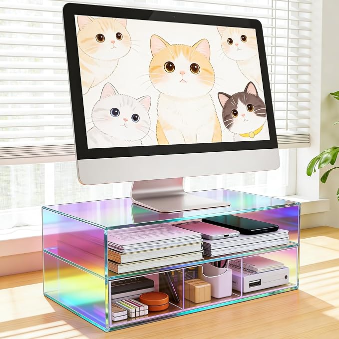 Gelite Acrylic Computer Monitor Stand for Desk Monitor Riser with Drawer Desktop Monitor Shelf with Storage, Iridescent - Image 4