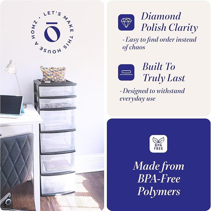 HOMZ 2-Pack Drawer Tower, 6-Tier Clear Plastic Storage Organizer Cart, Black Frame - Organizing Containers for Home, Office, Bathroom, Bedroom, and Classroom - Image 4