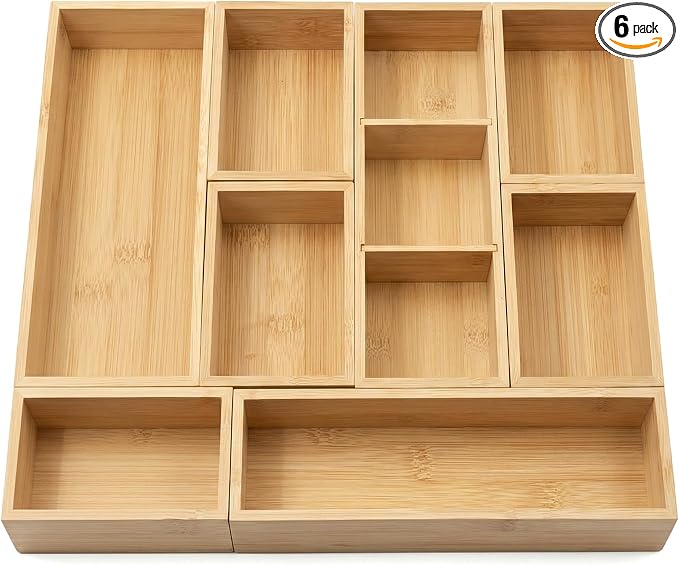Bamboo Drawer Organizer,Fits Kitchens,Bathrooms,Desk,Utensil,Makeup,Removable Dividers (Natural, M) by QYMXHZE