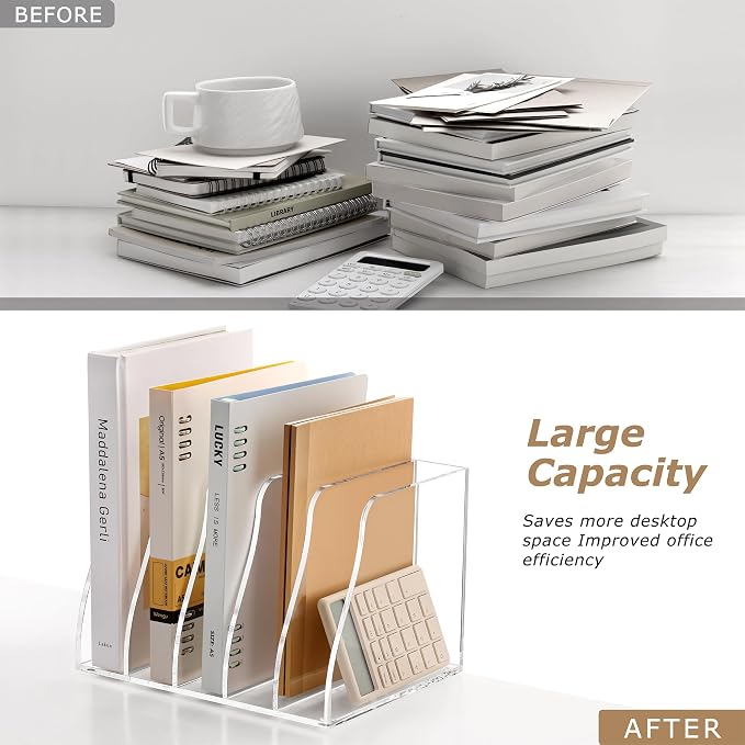 SANRUI Acrylic Magazine File Holder Desk Organizer, Clear 5 Compartments | Workspace Document Sorter, Vertical Folder Rack Binder for Office Home Classroom Tablet, Books & Accessories Storage - Image 7