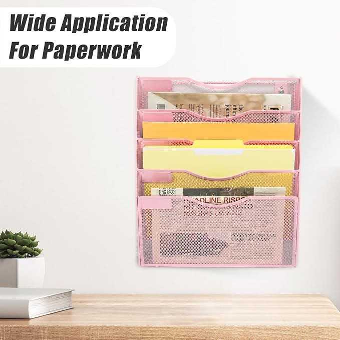 5 Pocket Mesh Hanging Wall File Organizer, Wall Mounted Mail Paper Document Folder Holder, Clipboard Storage Organization Magazine Rack with Nametag Label for Office Home School, Pink - Image 6
