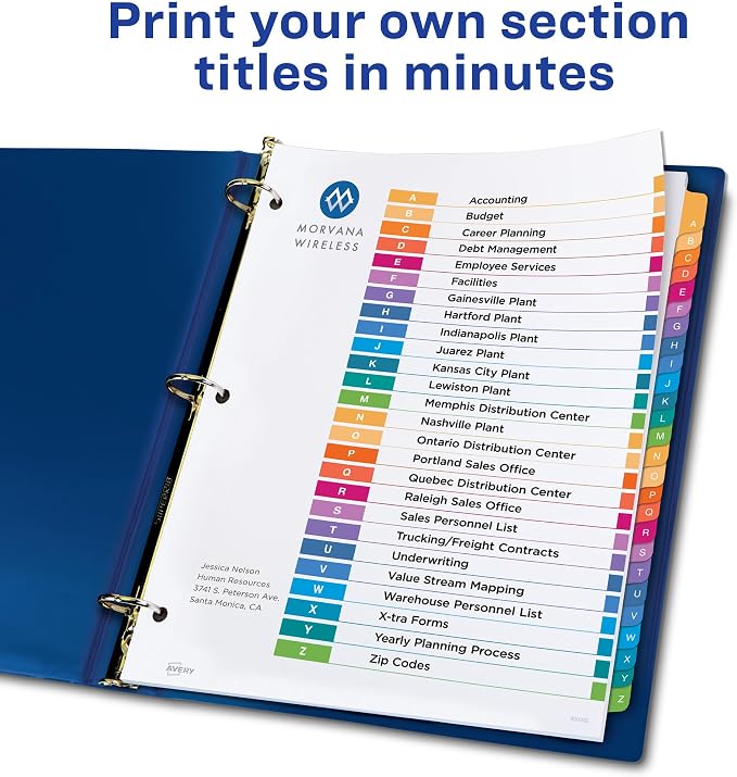 Avery A-Z Dividers for 3 Ring Binders, 26 Tabs per Set, Customizable Table of Contents, Multicolor Tabs, Great for Organizing Reports, Projects, and More (44225), 3 Sets (Pack of 4) - Image 2