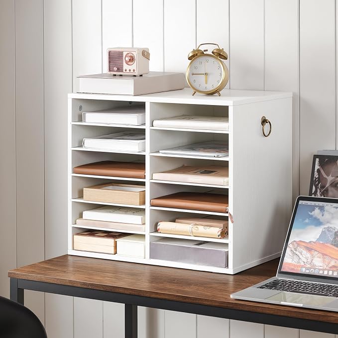 HOOBRO Literature Organizers, 12 Compartments Office Mailbox with Adjustable Shelves, Wood Countertop Literature Sorter for Office, Home, Classroom, Mailrooms Organization White WT12WF01 - Image 3