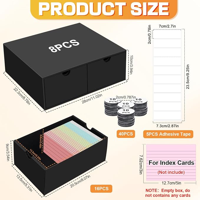 8 Packs Index Cards Box,3x5 Index Card Holder with Lid,2-Compartment,Hold 16000 Cards,Black Recipe Holder for 3''x5'' Notecard Recipe Flashcard Card - Image 2
