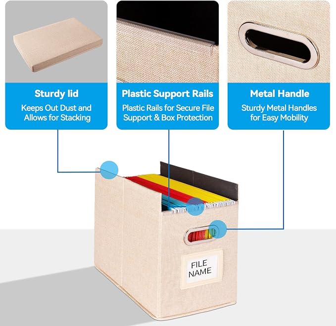 4 Pack Hanging File Folders Organizer with Lid, Letter Size Fabric File Storage Box Collapsible, Portable Office Document Holder with Metal Handle, Smooth PVC Rails, Beige - Image 5