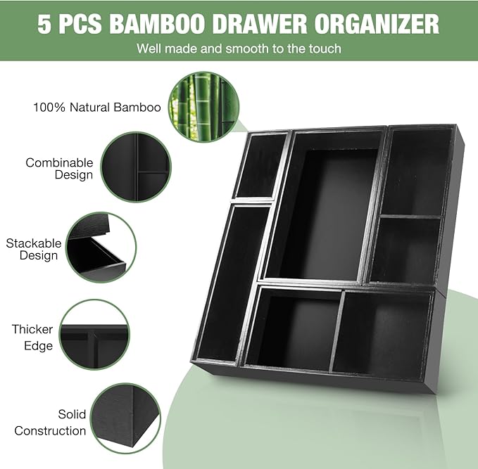 Bamboo Drawer Organizer,5 PCS Black Silverware Tray&Desk Organizers and Storage,Cabinet Divider With Removable Bathroom Organization for Kitchen,Utensils,Junk,Office,Makeup - Image 3