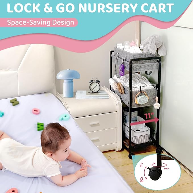 2IN1 Baby Diaper Caddy Organizer-3 Tier Rolling Storage Cart with Dividers - Bedside Diaper Caddy Cart for Baby Nursery Newborn Essentials-Mobile Utility Carts with Wheels for Changing Table - Image 5