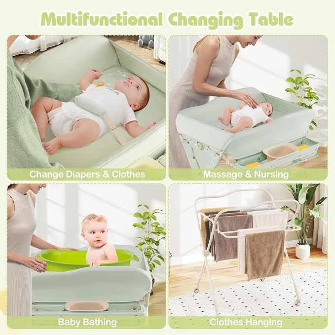 INFANS Baby Changing Table with Wheels, Portable Folding Diaper Station Nursery Organizer with Storage Basket, Hanging Rack, Adjustable Height, Safety Belt for Newborn Infant (Green) - Image 5