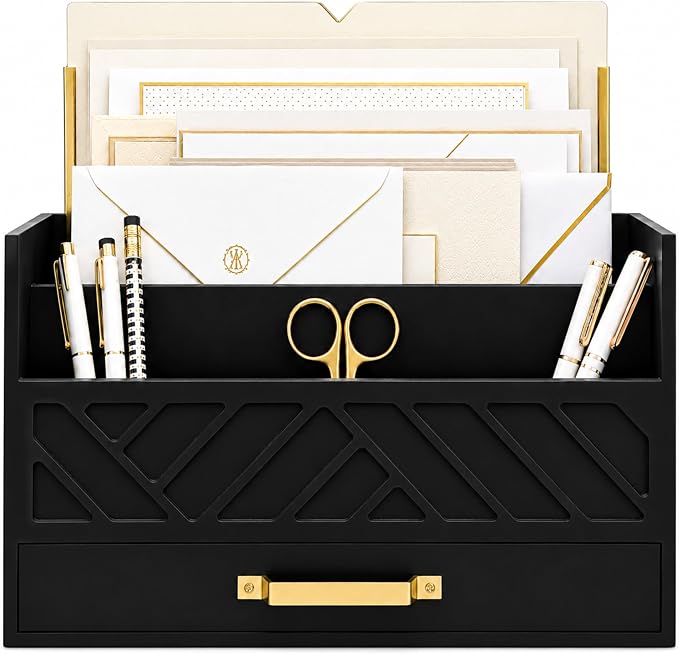 BLU MONACO | Wooden Mail Organizer with Drawer and Gold Handle | Mail Sorter Organizer Countertop for Desk | Outgoing Mail Holder and Letter Sorter for Desk Storage by Blu_Monaco
