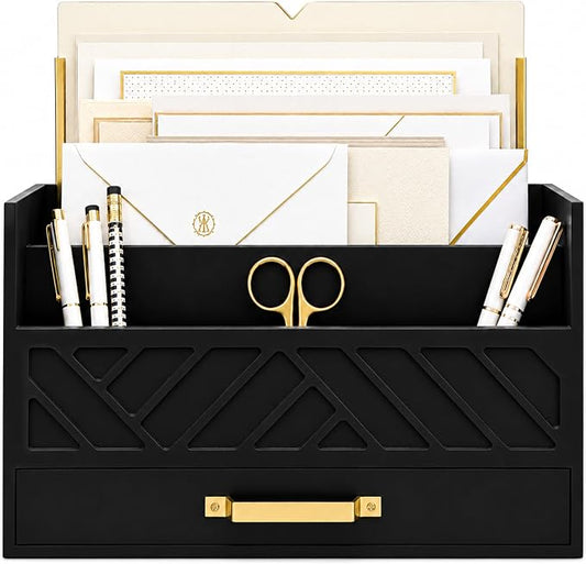 BLU MONACO | Wooden Mail Organizer with Drawer and Gold Handle | Mail Sorter Organizer Countertop for Desk | Outgoing Mail Holder and Letter Sorter for Desk Storage by Blu_Monaco